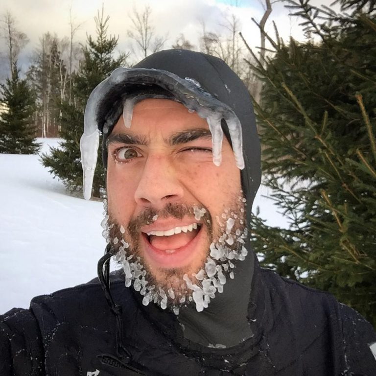 Matt Pancer wth Icy beard and wetsuit
